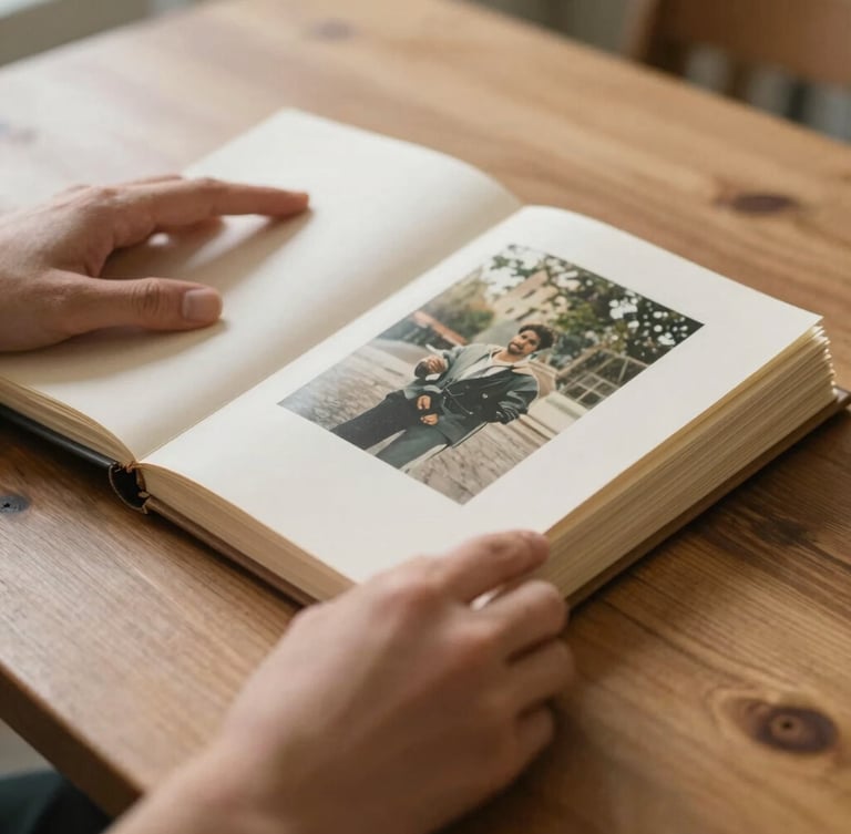 Hands holding a vintage photo album while sorting keepsakes during a gentle home downsizing process.