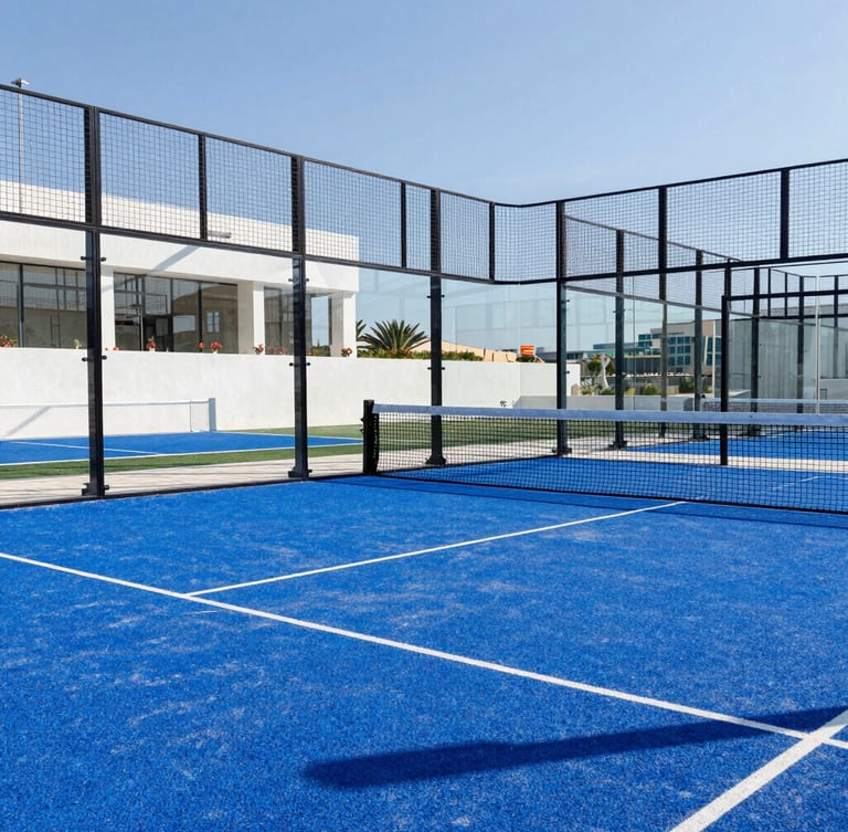 Close-up of high-quality padel court materials, blue turf, and steel structure under bright Mediterranean sunlight, architectural photography, 35mm lens.