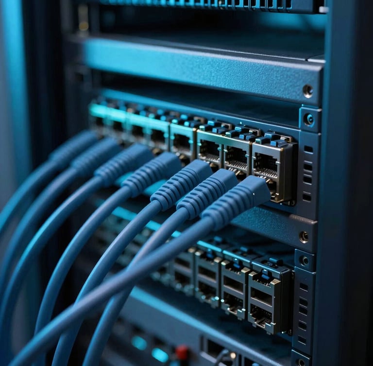 Close-up, high-contrast shot of a server rack with electric-cyan backlighting, macro depth of field, focused on network cables