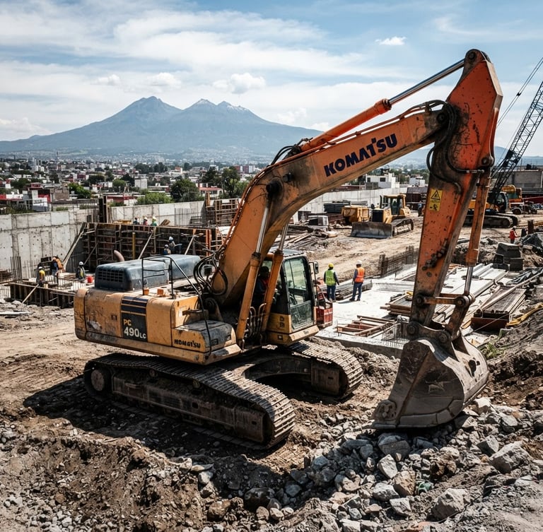 Wide-angle industrial photography of a heavy hydraulic excavator parked on a construction site in Puebla, sharp high-contrast daylight, gritty textures, safety orange accents on the machine, deep charcoal shadows.