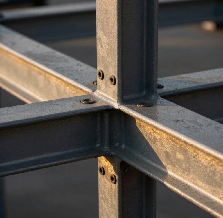 Extreme close-up of precise engineering joints in structural steel, dramatic studio lighting, deep shadows, golden hour reflections.