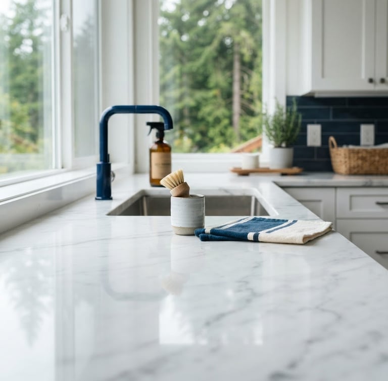 Close-up of a pristine, polished marble countertop in a sunlit Pacific Northwest home, sharp focus, 35mm, reflecting clean lines, with subtle eco-friendly cleaning tools blurred in the background.
