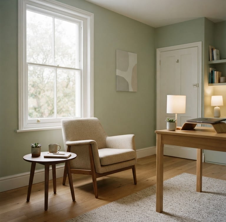 A wide, quiet clinical office interior with soft overcast daylight streaming through a window, a comfortable armchair, soft sage green walls, minimalist and calming atmosphere.