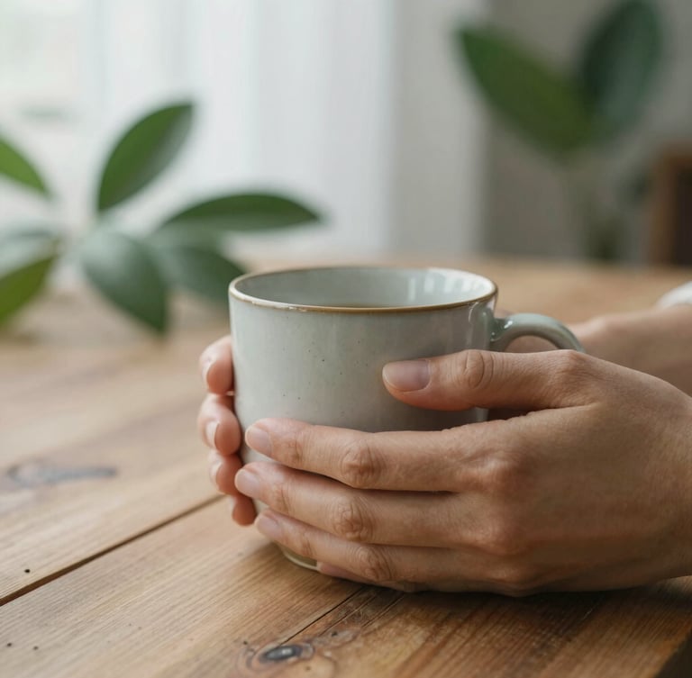 A close-up of hands holding a warm ceramic mug on a rustic wooden table, soft-focus green leaves in the background, diffused overcast daylight, shallow depth of field.