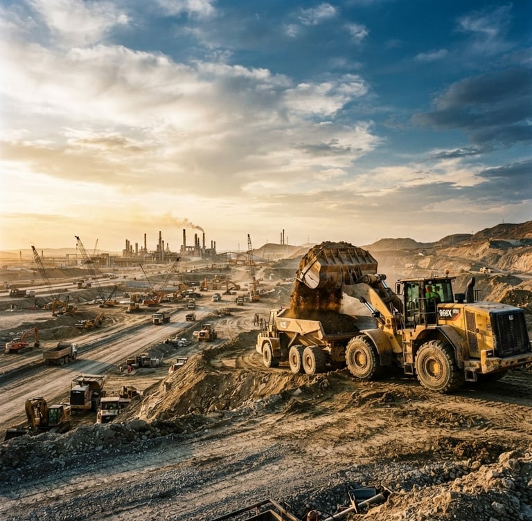 Wide panoramic industrial construction site at golden hour, a large yellow frontal loader with a full bucket of dirt in the right third, expansive sky, low horizon. Gritty industrial photography, bright harsh daylight, high contrast warm tones, sharp focus, 35mm.