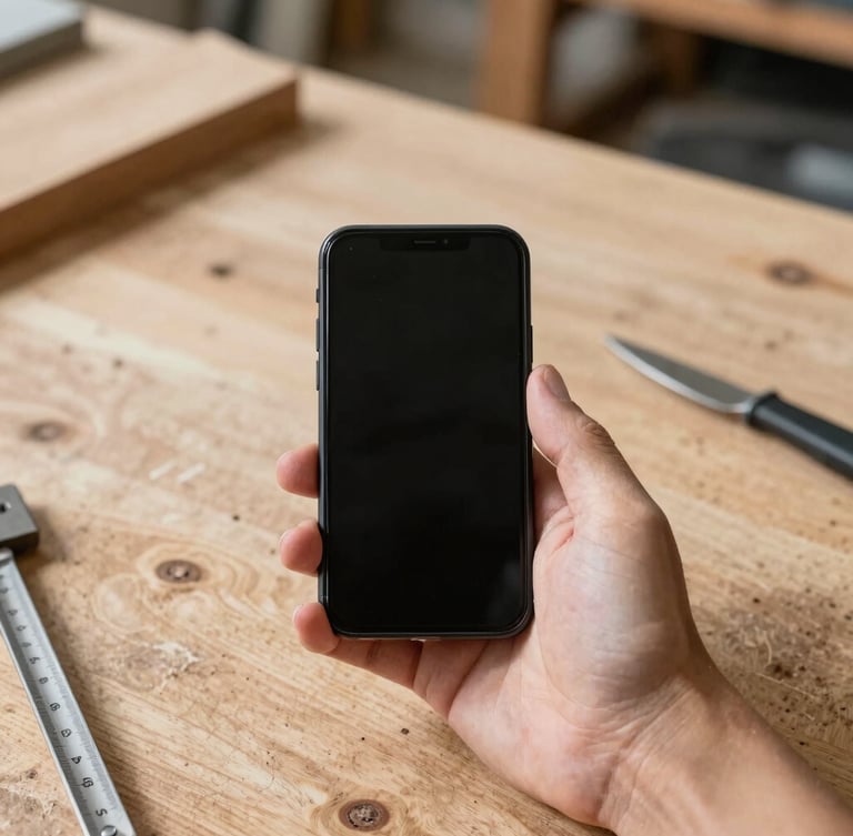 First-person perspective of a carpenter holding a mobile phone on a raw wood workbench, bright natural daylight, sharp focus, 35mm lens