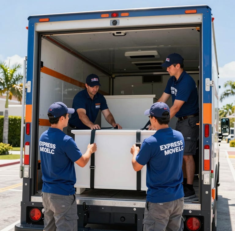 Professional Express Move LLC crew carefully securing furniture in a branded moving truck, bright South Florida sunlight, tight detail shot of cargo straps.