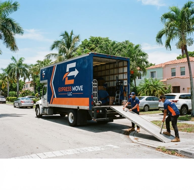 Wide shot of a clean, branded Express Move LLC moving truck parked on a sunny Hialeah street, professional movers in uniform securing a ramp, bright midday light, saturated deep blue and orange tones.