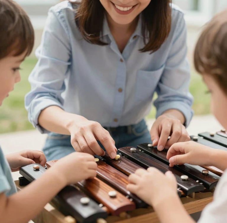 Eye-level medium shot of the certified educator's hands gently guiding a child's hands on a wooden xylophone, both smiling, bright natural daylight, shallow depth of field.