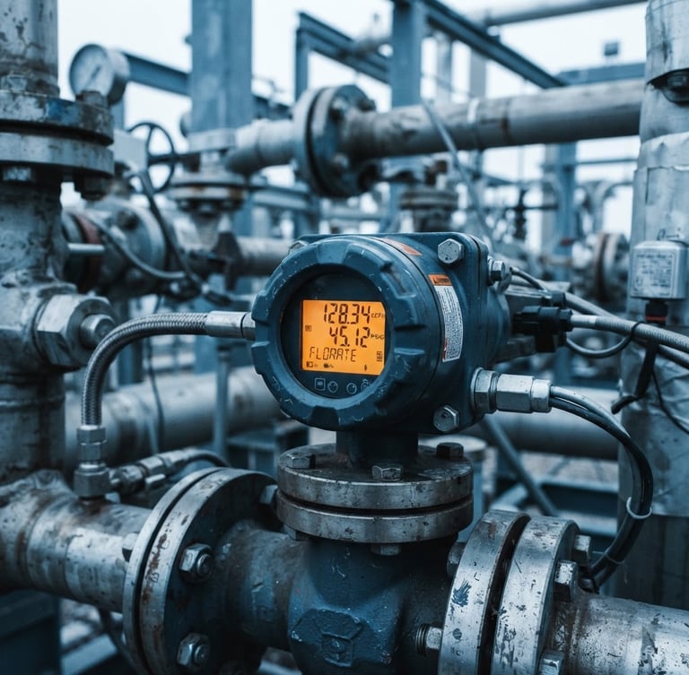 Macro detail shot of a digital flow meter in a midstream gas facility, cool overcast daylight, desaturated steel blues with high-contrast orange accents, sharp focus.