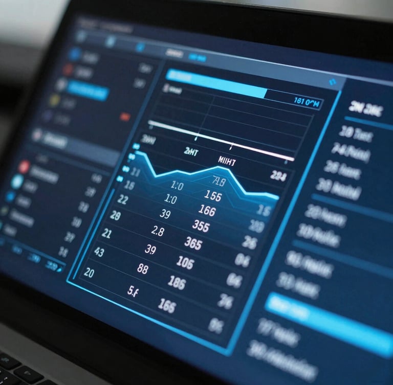 Extreme close-up of a high-contrast digital dashboard displaying real-time talent pipeline metrics, cool blue data interfaces, sharp graphical lines, crisp architectural lighting, shallow depth of field.