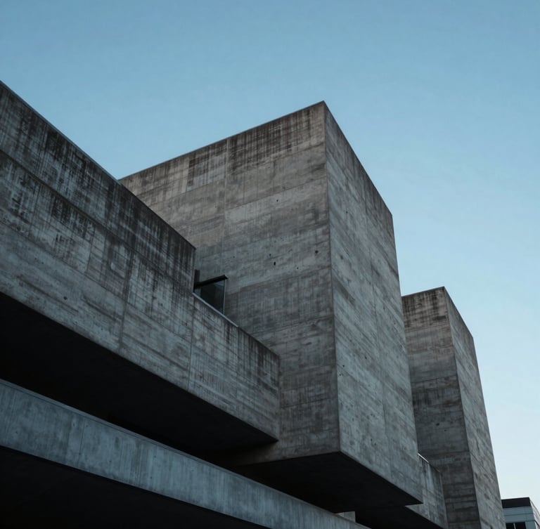 Modern industrial architecture in Vancouver, sharp concrete lines against a crisp blue sky, wide-angle architectural perspective, cool daylight.