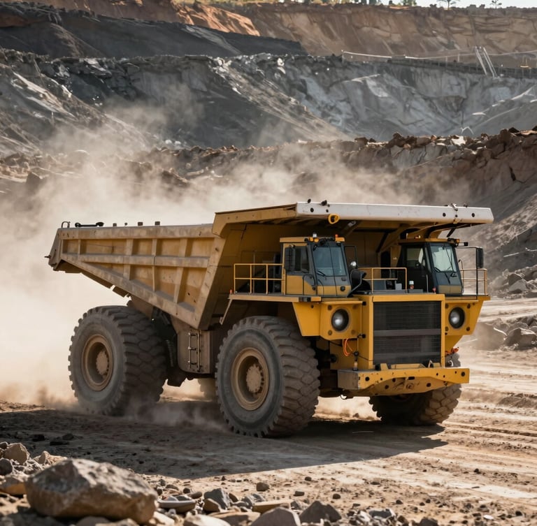 An autonomous heavy mining haul truck operating in a vast open-pit mine, dramatic side lighting, dust catching the morning sun.
