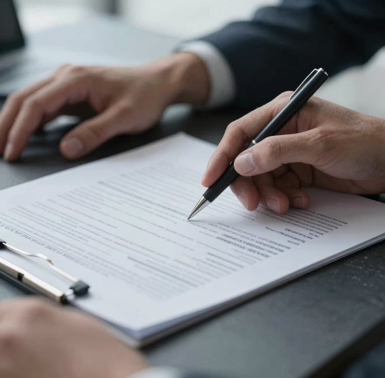 Macro close-up of hands reviewing a structured financial document on a dark slate desk, cool diffused office light, sharp focus, 35mm lens
