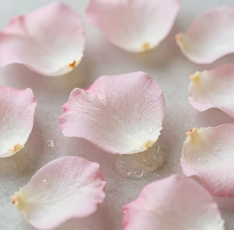 Macro detail shot of soft pink and white rose petals suspended in crystal-clear resin, soft natural daylight, shallow depth of field