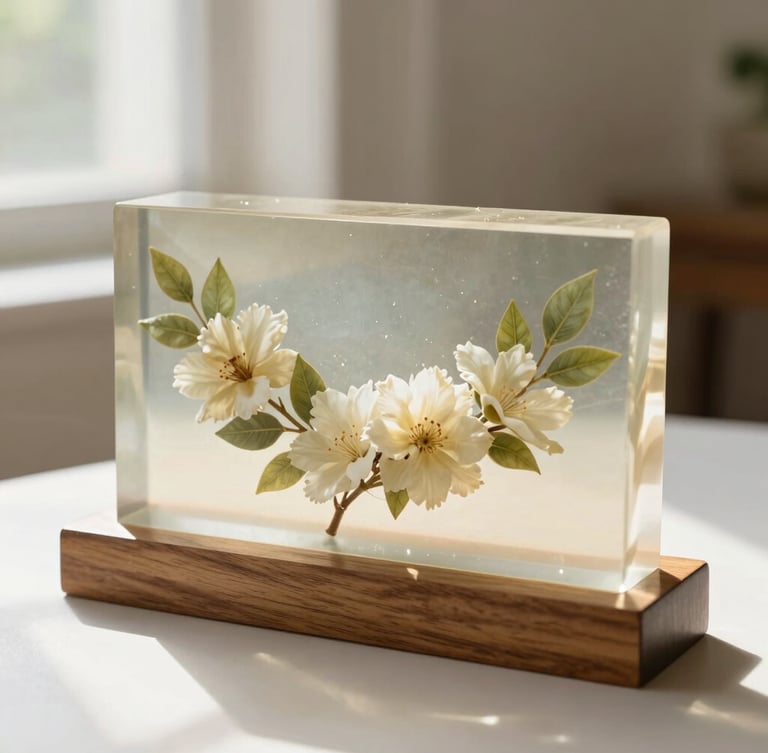 A finished rectangular resin block containing a preserved wedding Varmala garland, resting on a polished teakwood base in a sunlit room, editorial photography