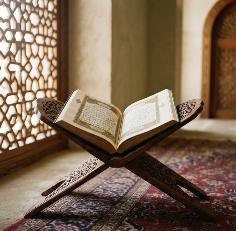 Soft natural daylight filtering through a carved wooden screen onto an open Quran on a low wooden stand, serene warm cream tones, 35mm photography