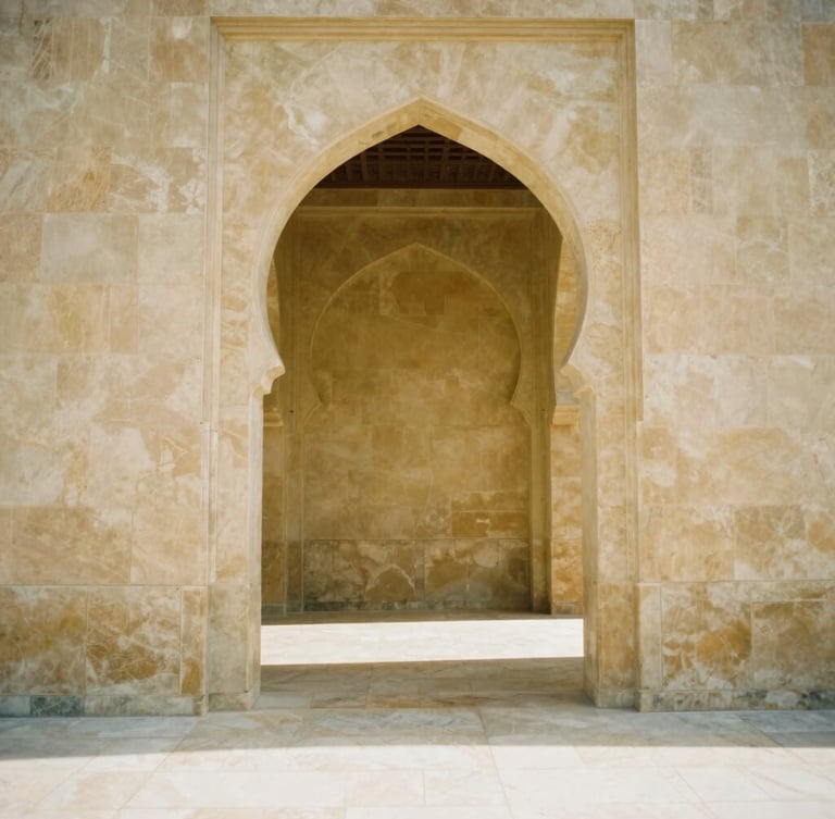 An elegant geometric archway in a traditional Islamic building, warm sunlight casting soft shadows on clean stone floors, peaceful empty space, 35mm
