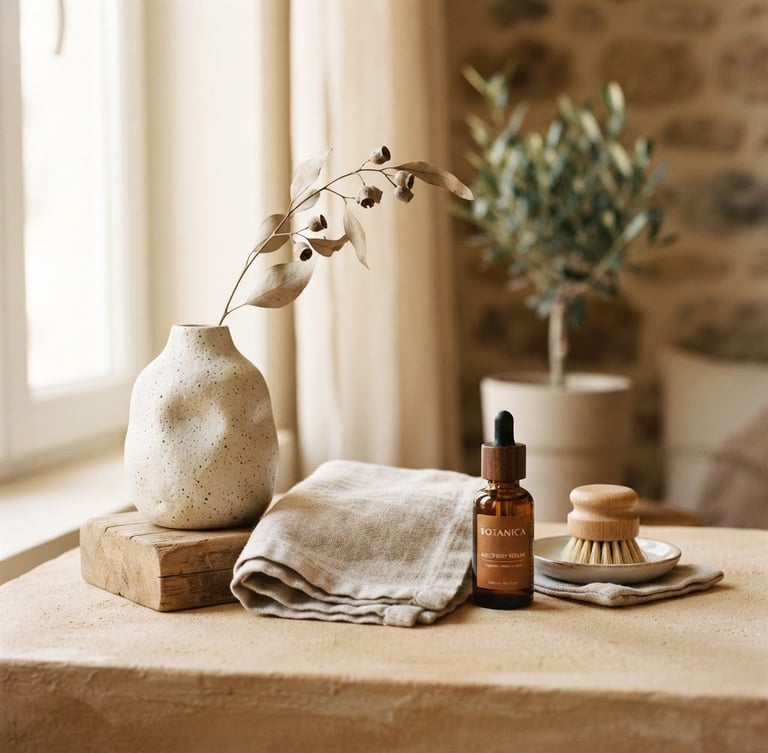 Aesthetic lifestyle composition in soft natural window light, a ceramic vase with a single dried branch next to a folded linen towel and organic skincare bottle on a warm sand surface, shallow depth of field, 35mm lens.