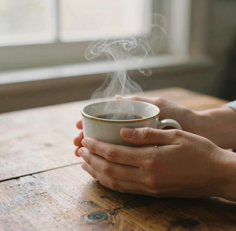 Hands holding a steaming ceramic mug over a rustic wooden table, soft morning window light, rich amber tones, shallow depth of field, 35mm film