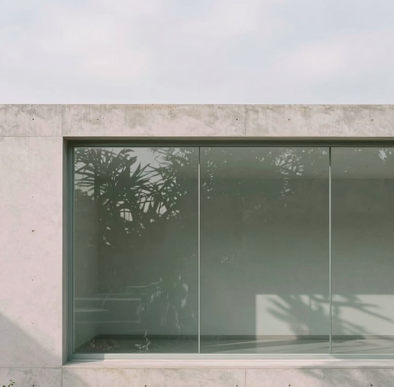 A minimalist architectural structure of concrete and glass with delicate botanical shadows cast by soft overcast daylight, clean composition, muted sage tones.