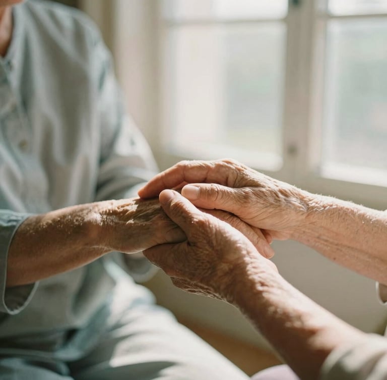 Close-up of a caregiver gently holding an elderly woman's hands by a sunlit window, warm golden light, shallow depth of field, soft sage tones, 35mm film feel