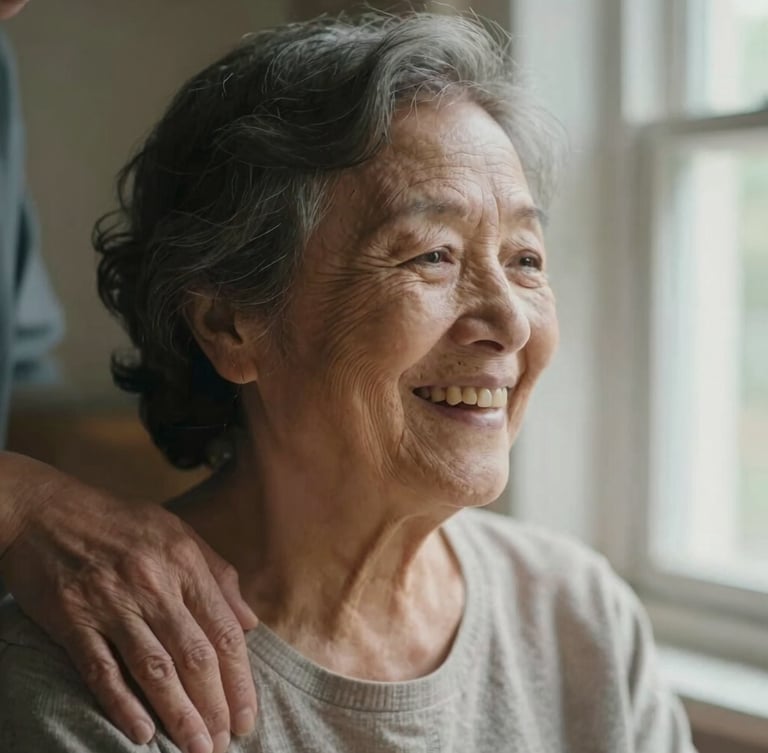 Close-up of a senior woman laughing softly, her hand gently resting on a caregiver's arm under warm window light, 35mm film feel, soft muted tones.