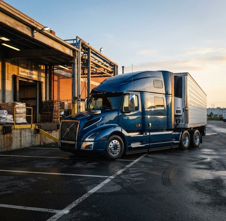 Low-angle heroic profile of a clean modern semi-truck parked at a shipping dock during crisp morning golden hour, metallic navy paint catching the light, high-contrast industrial editorial photography