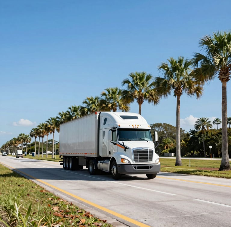 A clean semi-truck traveling down a wide Florida highway surrounded by palm trees under bright, crisp morning daylight, wide-angle 35mm editorial industrial photography