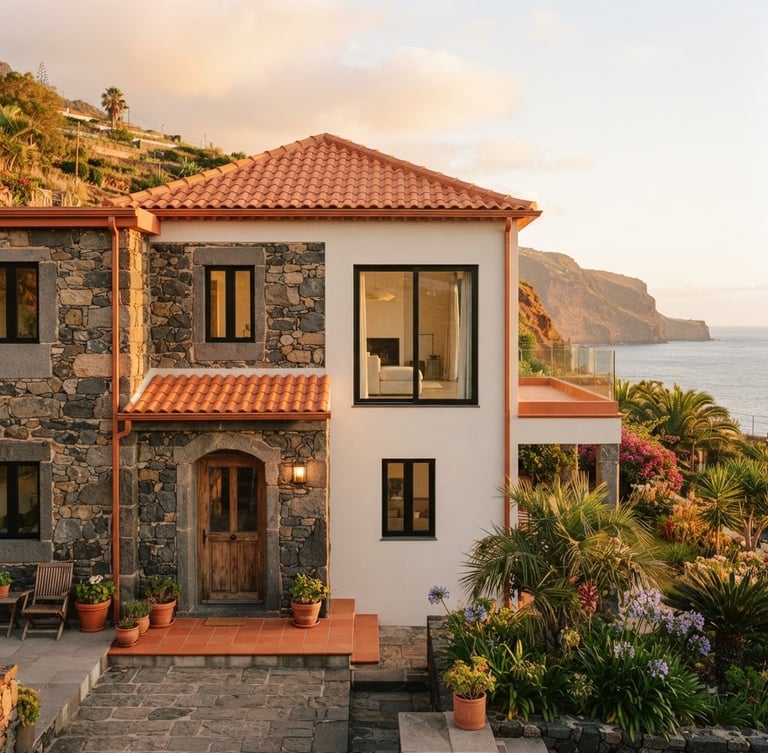 Warm architectural photography of Real Madeira house facade during golden hour, terracotta accents, clean modern lines, 35mm lens