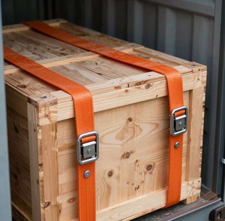 Close-up of industrial cargo straps securing a heavy wooden crate inside a modern transport container, warm orange tensioners, sharp focus on metal buckles