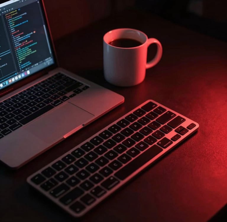 Macro shot of a designer's workspace with a keyboard, a coffee mug, and a high-end laptop showing code, moody crimson ambient lighting, dark charcoal background.