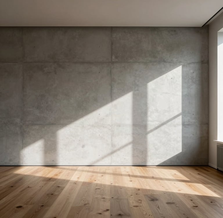 Minimalist interior of a luxury penthouse in Frankfurt, natural light casting geometric shadows on a polished concrete wall and oak flooring