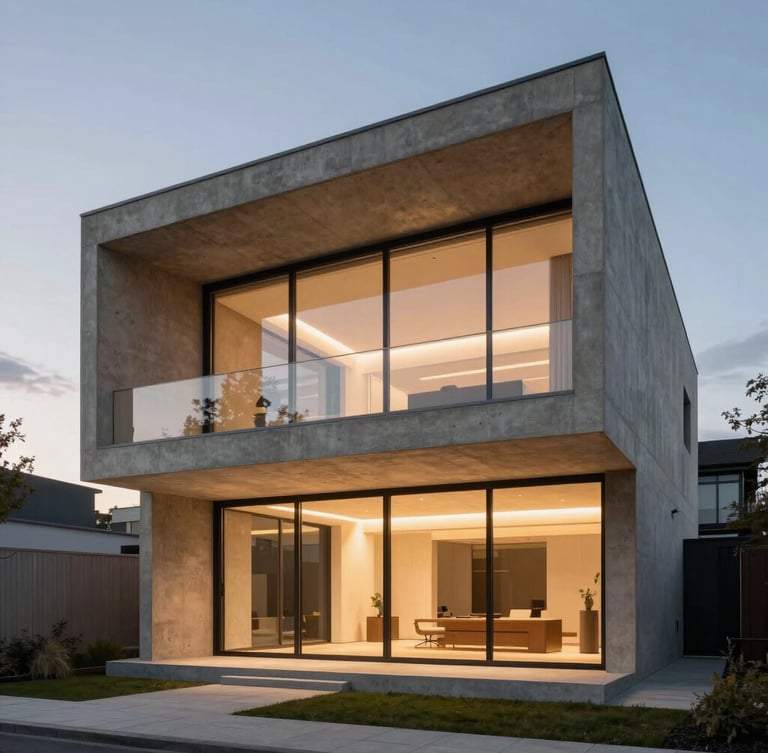 Minimalist modern villa facade in Frankfurt Westend at dusk, sharp concrete lines, warm interior light glowing through expansive glass, soft twilight sky.