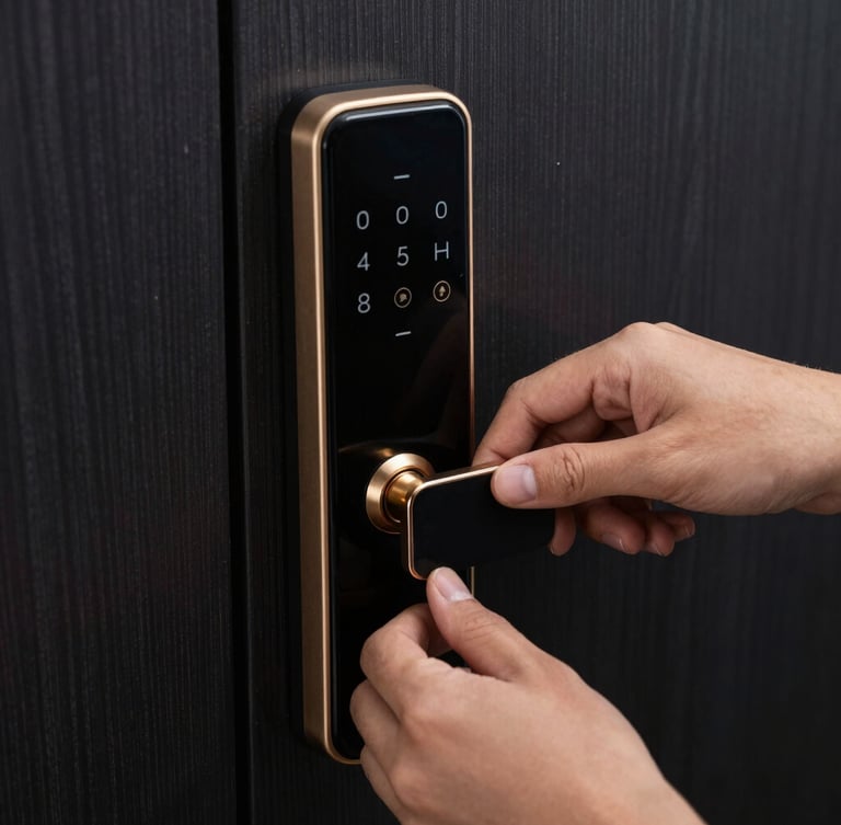 Close-up of hands installing a sleek black electronic smart lock on a dark wooden door, focused directional light, metallic gold details, 50mm lens