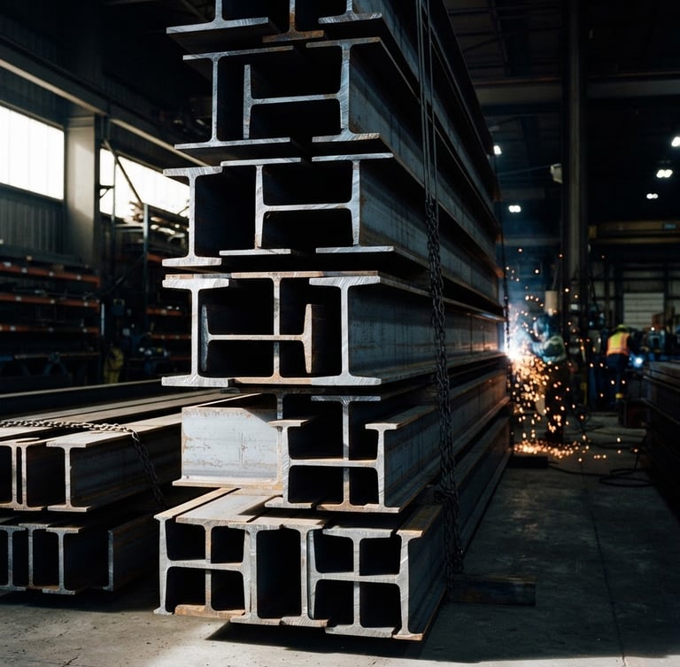Industrial 35mm film photography, dramatic side-lighting on raw structural steel beams stacked in a clean warehouse, cool steel tones, sharp focus