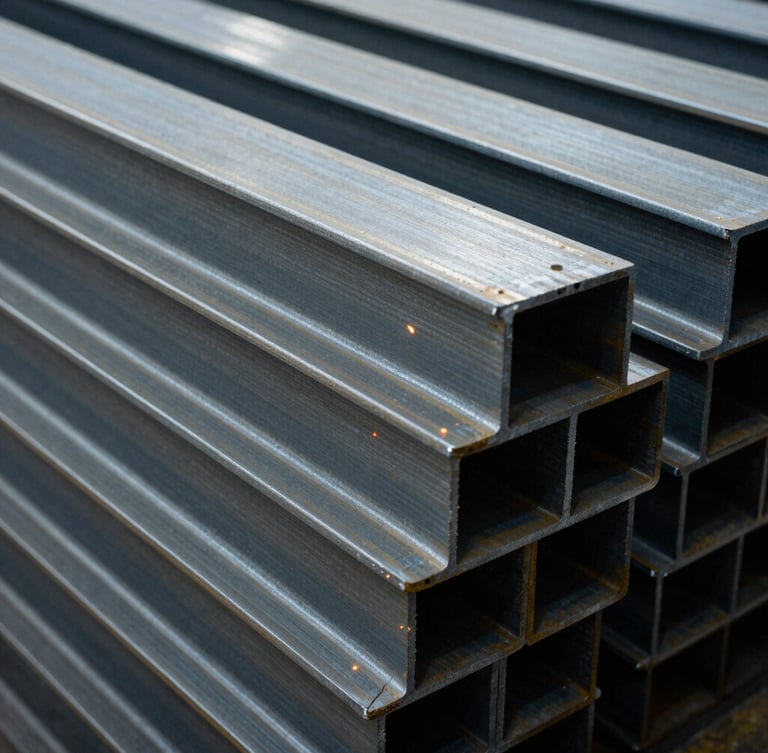 Close-up of clean structural steel beams stacked on the fabrication floor, sharp focus, cool industrial lighting, 35mm.