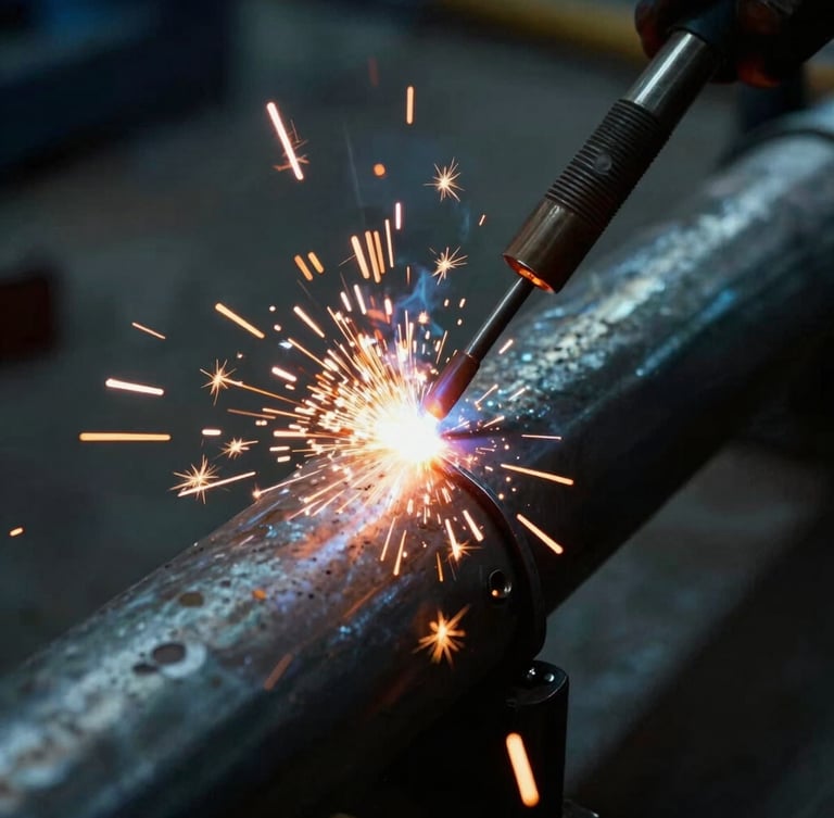 Macro shot of active TIG welding on a heavy steel pipe, warm orange sparks flying, dramatic side-lighting, cool steel tones, 35mm.