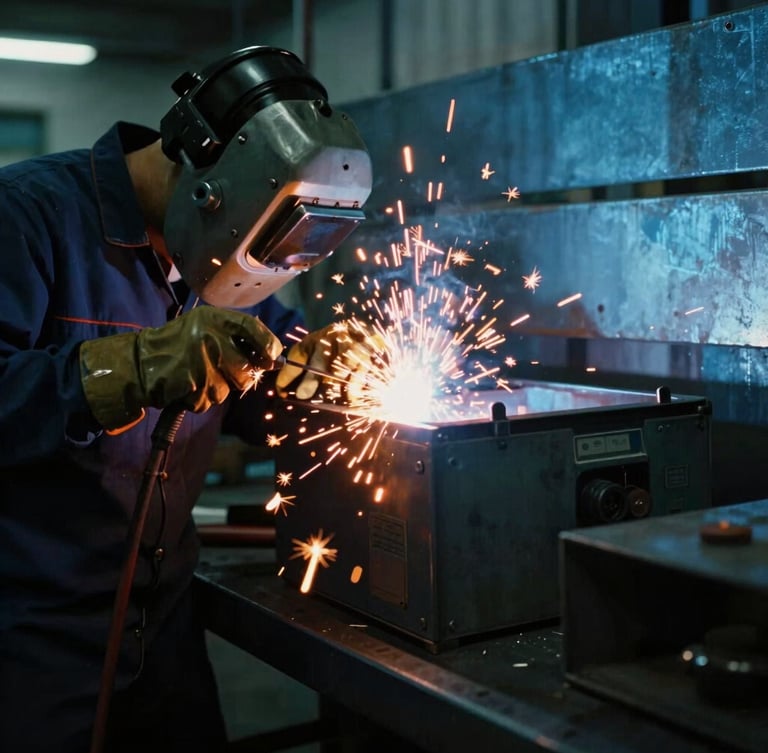 Dramatic high-contrast side-lighting of an active TIG welding station, bright safety-orange sparks flying against cool blue steel workshop background, 35mm film photography