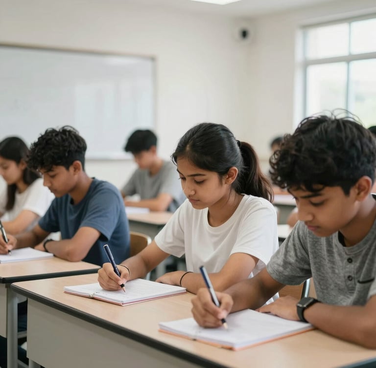 A medium shot of focused students in a bright, modern classroom at Sitaraghava Complex, taking structured notes under clean natural lighting.