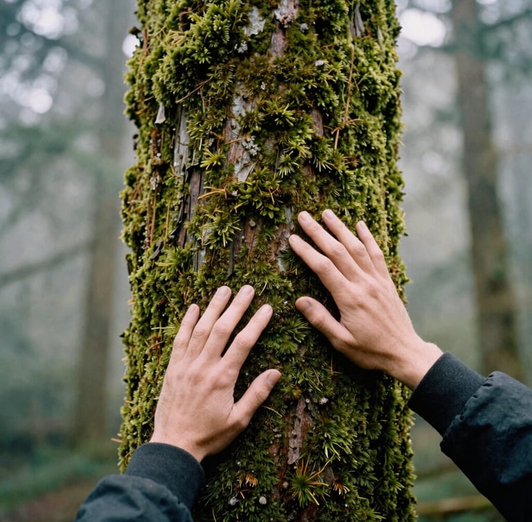 Vertical portrait of a person touching a moss-covered cedar trunk with both hands, soft misty background