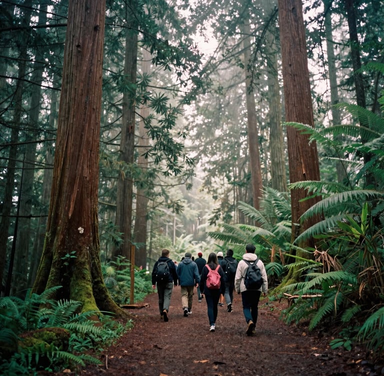 A small group of volunteers walking quietly along a misty forest trail under giant cedar trees, moody documentary photography, soft diffused daylight, 35mm film