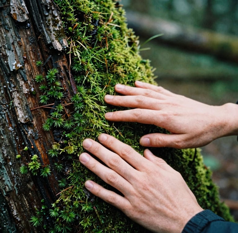 A close-up of hands gently touching vibrant green moss on a damp cedar tree trunk, soft overcast Pacific Northwest daylight, 35mm film