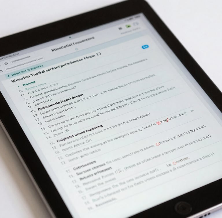 A close-up of a high-resolution tablet screen showing structured medical exam questions and clinical data, sterile white background, clean UI