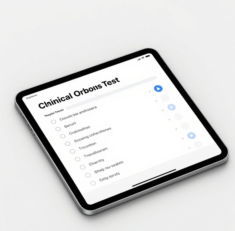 Flat-lay mockup of a clinical testing interface on a modern tablet, featuring a clean multiple-choice question layout, clear typography, and subtle blue progress indicators under bright, sterile white light.