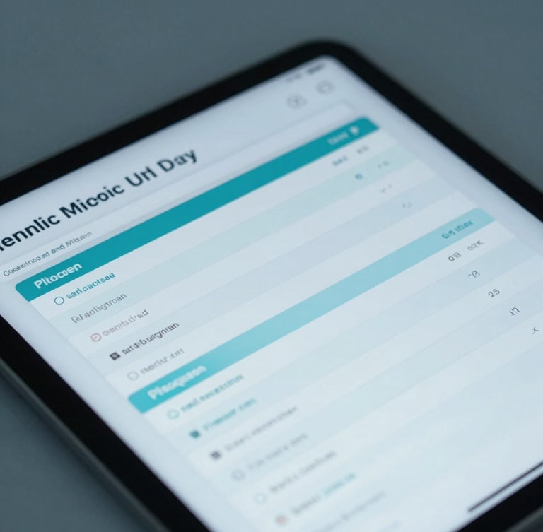 Close-up shot of a modern tablet screen displaying a clean medical exam interface with structured case management rubrics, soft clinical blue lighting, high-yield data visualization.