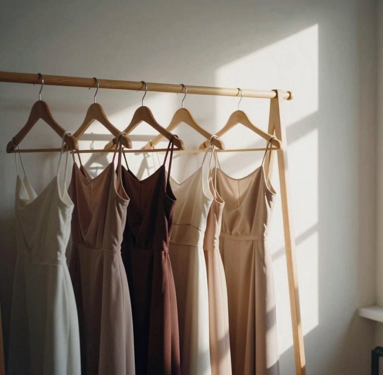 Medium shot of elegant dresses on a minimalist wooden clothing rack, warm natural window light casting soft shadows, 35mm photography.