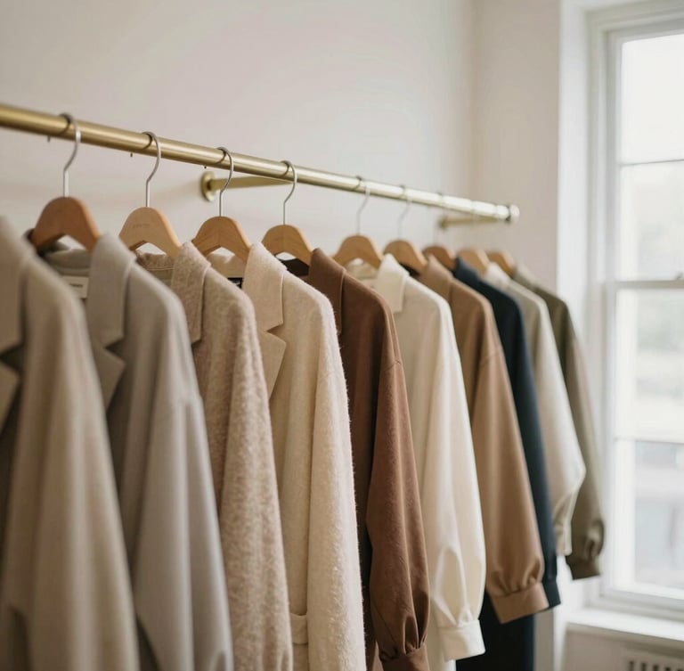 Warm boutique interior with elegant clothing racks, soft natural window light, original brand tags visible on high-quality fabrics, 35mm editorial fashion photography style