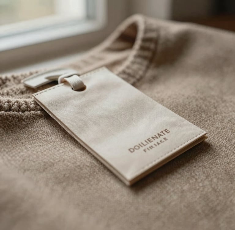 Close-up of authentic designer label and tag stitched onto a high-quality wool fabric, natural warm lighting, shallow depth of field.