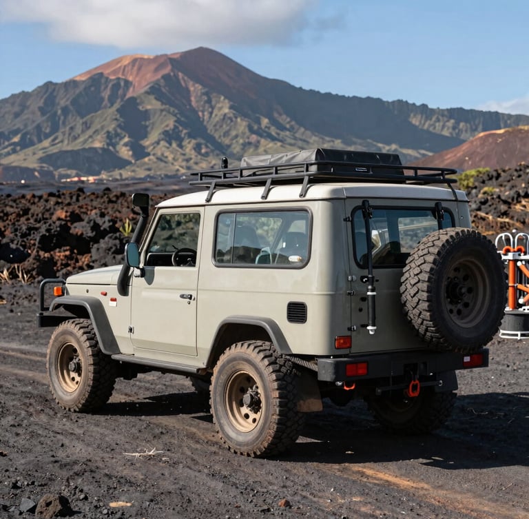 A rugged 4x4 field fleet vehicle parked on volcanic gravel terrain with hydrologic testing rigs mounted on the back, bright Hawaiian sun, mountains in the background.